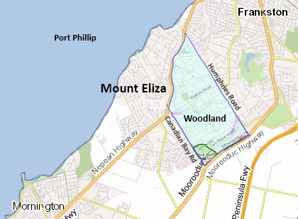 map showing the Woodland area within the larger Mount Eliza area